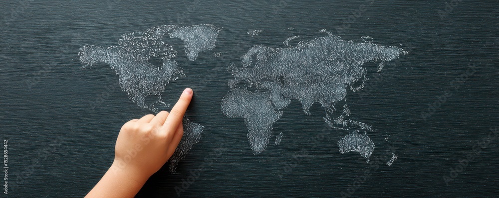 Poster hand pointing at world map illustration on dark background representing global connection and explor