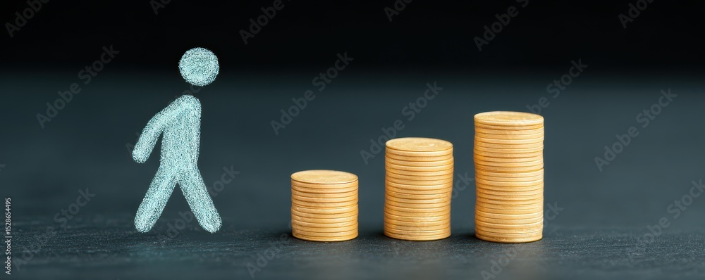 Poster abstract representation of progress in finance with a walking figure and stacks of coins on a dark b