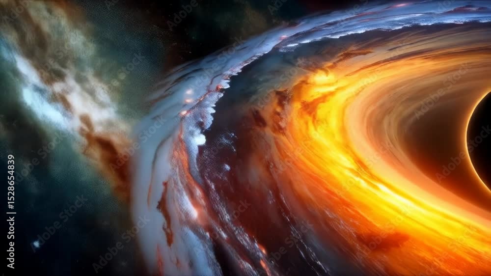 Poster cosmic black hole distorting light and space-time near the event horizon in deep space with nebula a