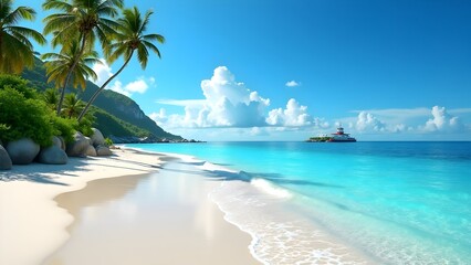 Tropical Paradise Beach with Crystal Blue Water and Palm Trees under Sunny Sky – Perfect Summer Getaway.