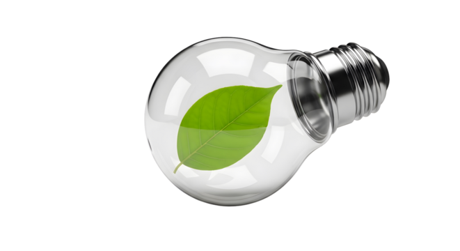 Eco-Friendly Light Bulb Idea With Green Leaf Inside Representing Sustainable Energy and Environmental Concept