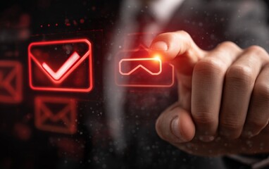 A man is pointing at a red check mark on an envelope