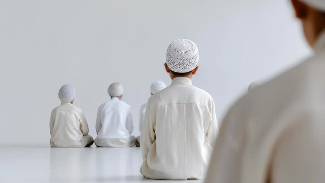Young Muslim boy in white robe sitting on prayer rug with hands raised in dua inside traditional setting showcasing Islamic devotion
