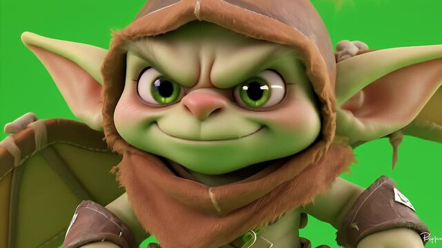 Close Up Goblin Character with Green Skin in a Brown Hood Isolated on a Green Screen 3D Render for VFX and RPG Front View Mischievous Expression