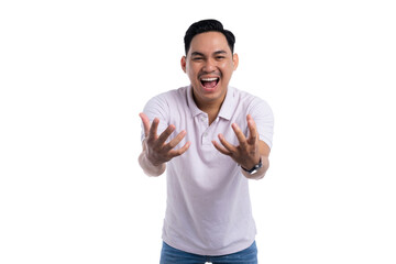 Excited young man expressing joy with open hands and big smile isolated on transparent background