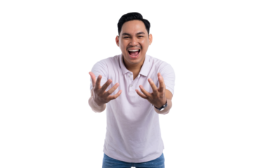 Excited young man expressing joy with open hands and big smile isolated on transparent background