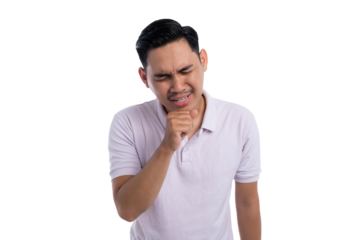 Sick young man coughing with painful facial expression showing symptoms of illness isolated on transparent background