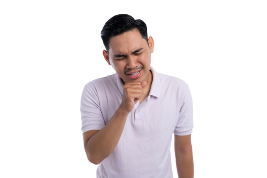 Sick young man coughing with painful facial expression showing symptoms of illness isolated on transparent background