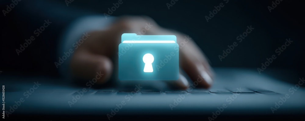 Poster digital security concept highlighting a glowing locked folder symbol above a keyboard in a modern wo