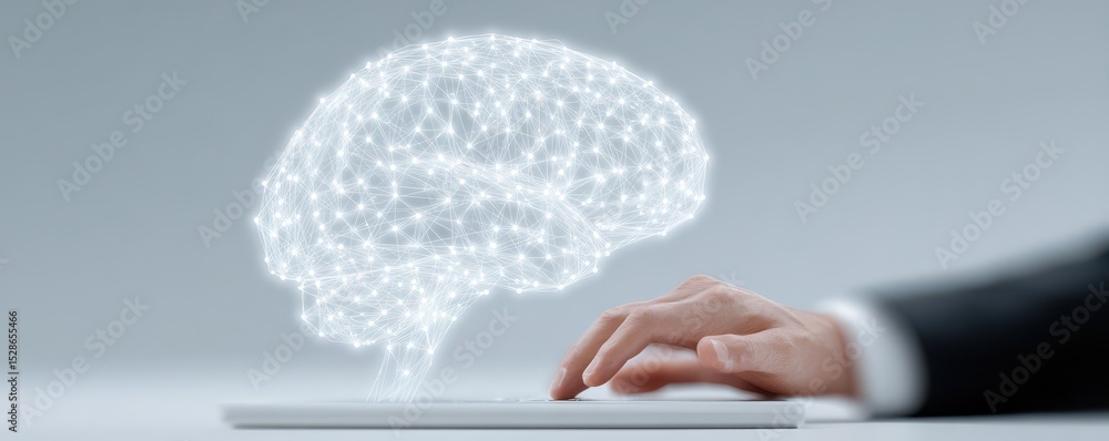 Poster conceptual representation of artificial intelligence with a human hand and a glowing digital brain i