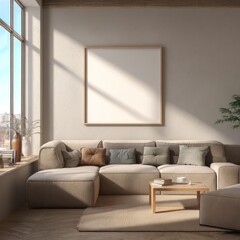 A living room with a white framed picture on the wall and a couch with pillows