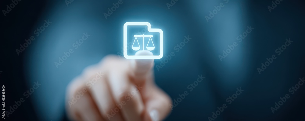 Poster digital representation of justice icon symbolizing law and fairness with finger touch on holographic