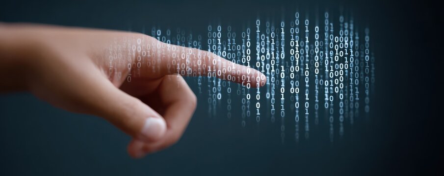 Human Finger Touching Digital Binary Code Stream Representing Data and Technology Interaction