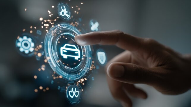 A hand is pointing to a car icon on a screen - Powered by Adobe