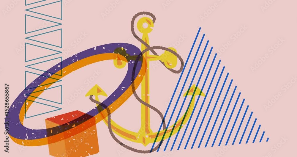 Poster risograph anchor with geometric shapes animation. moving object in trendy riso graph design video.