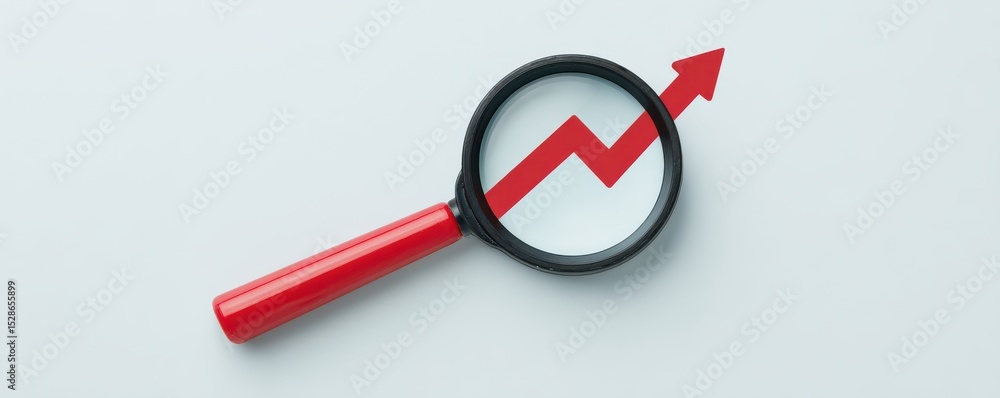 Poster magnifying glass focused on rising arrow indicator of growth and progress in business performance me
