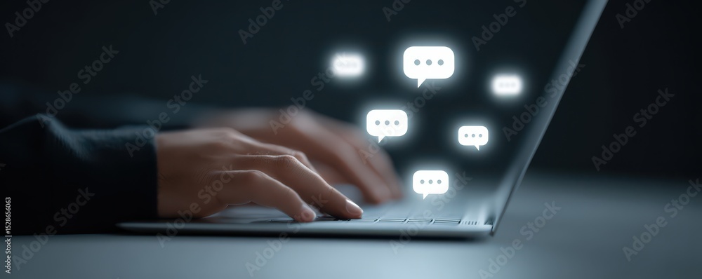 Poster hands typing on laptop with floating chat icons illustrating digital communication and online intera