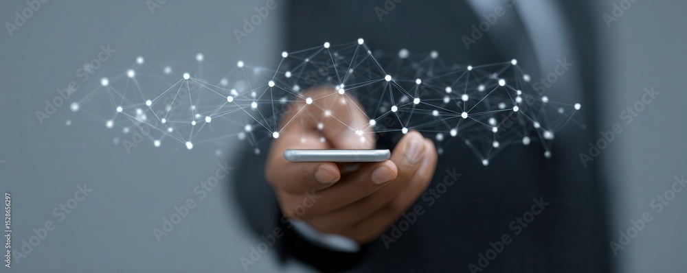Poster businessman holding smartphone with digital data visualization and networking connections for techno