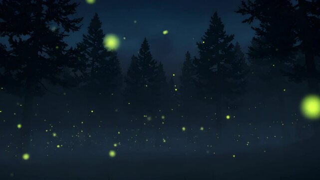Dark Blue Night Forest with Glowing Fireflies in a Misty Ambiance Silhouette Trees and Foggy Illustration