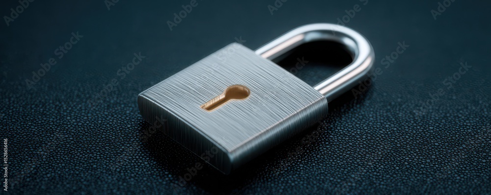 Poster close-up view of a silver padlock on dark textured background highlighting security and protection c