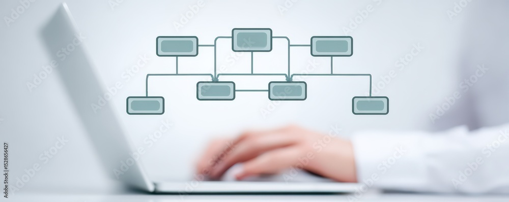 Poster modern laptop with flowchart graphic for innovative business process and project management concepts