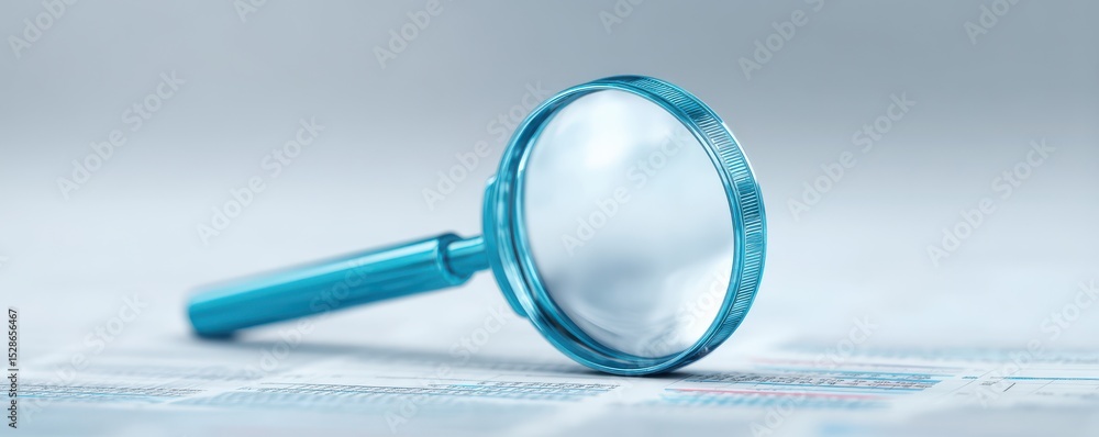 Poster blue magnifying glass resting on a surface with printed pages and text for educational and analytica