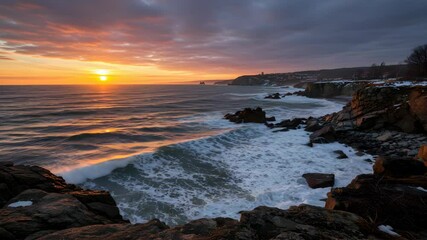 Dramatic Golden Sunrise Over Rocky Coastline With Crashing Waves and Snowy Accents In Winter - Powered by Adobe
