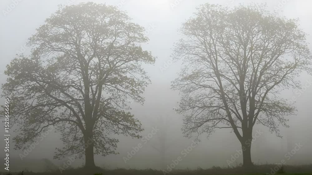 Poster ethereal fog enveloping two bare trees in a moody landscape with green grass in foreground