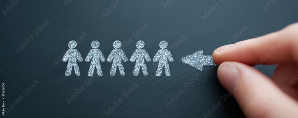 Poster hand gesturing towards chalk figures representing group dynamics and leadership concepts in business