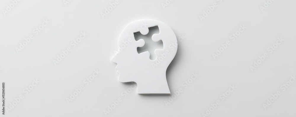 Poster minimalist representation of human head with puzzle piece in brain symbolizing problem solving and m