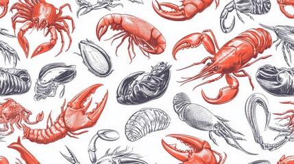 Seamless pattern with hand-drawn illustrations of various crustaceans including lobsters, crabs, shrimps, and clams in red and grey tones on a white background.
