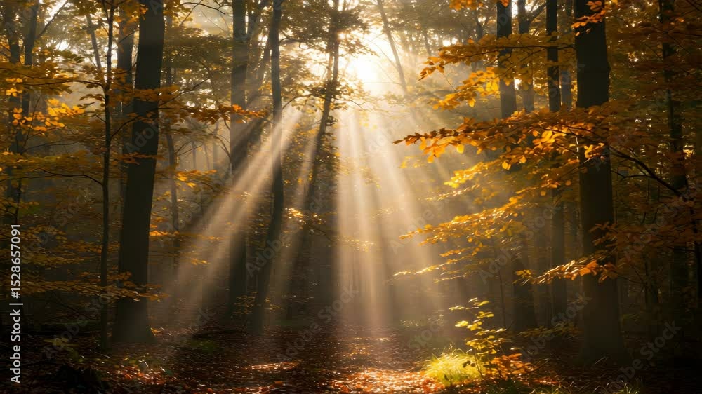 Poster golden sunlight through dense forest path in autumn with fallen leaves creating a mystical atmospher