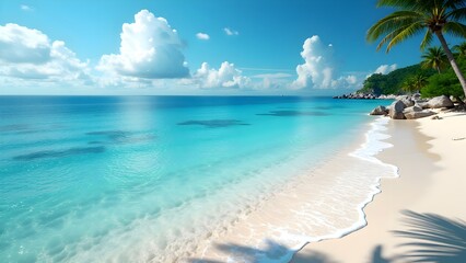 Tropical Paradise Beach with Crystal Blue Water and Palm Trees under Sunny Sky – Perfect Summer Getaway.