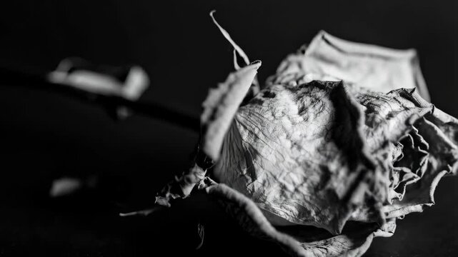 Monochrome image shows dried rose flower with its withered petals, conveying a sense of aging and decay, on dark surface.