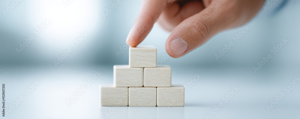 Poster hand placing wooden block on top of stack in soft focus background for concept of building and growt