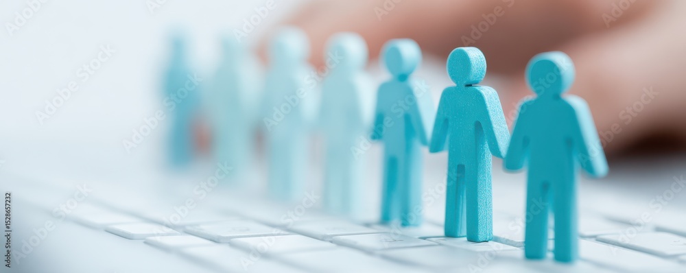 Poster miniature figures represent teamwork and collaboration on a keyboard in a modern workspace setting w