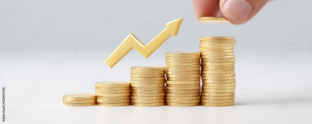Poster stacked coins representing growth and investment with an arrow symbolizing progress in finance and e