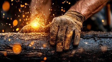 Close-up of Hands Working with Metal and Sparks Flying
