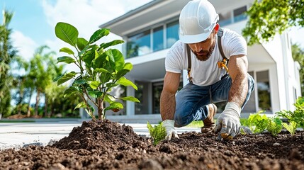 Landscaping Professional Planting Trees and Shrubs in a Residential Garden