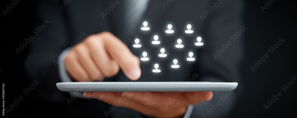 Poster businessman using tablet to connect with multiple people icons in a digital network