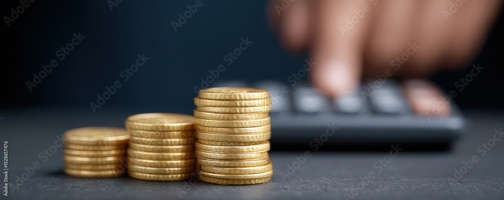 Poster stacks of golden coins with calculator in background focused on financial calculations and budgeting