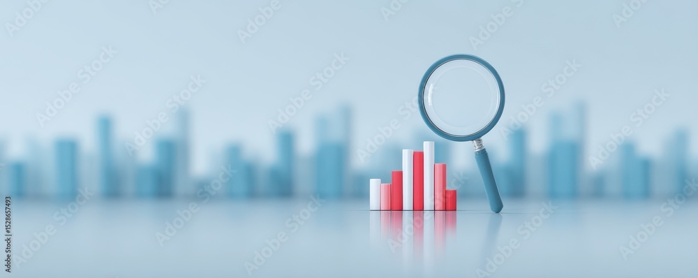 Poster detailed analysis of data trends with magnifying glass over chart and blurred background for busines