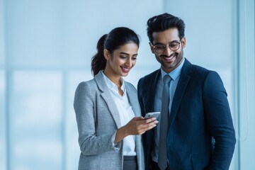 A man and a woman are standing in a room, smiling at each other