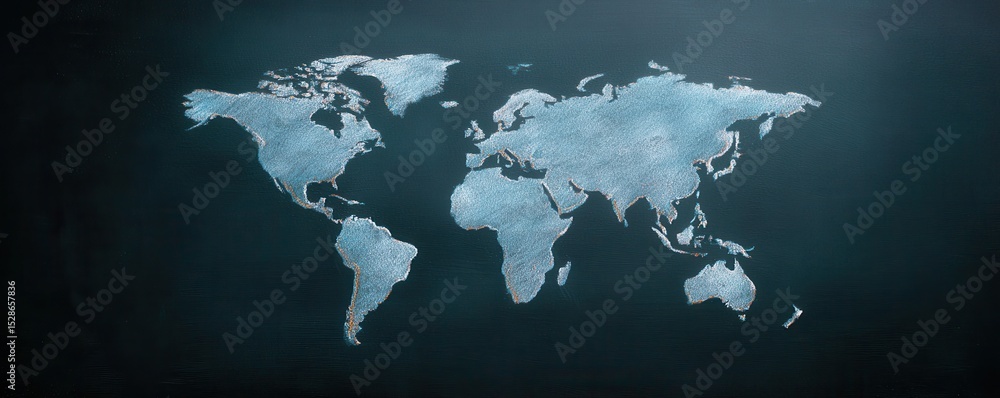 Poster detailed artistic representation of world map on dark background with watercolor texture and unique 