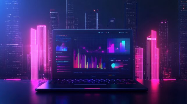 Laptop displaying data analytics graphs against a futuristic city backdrop.