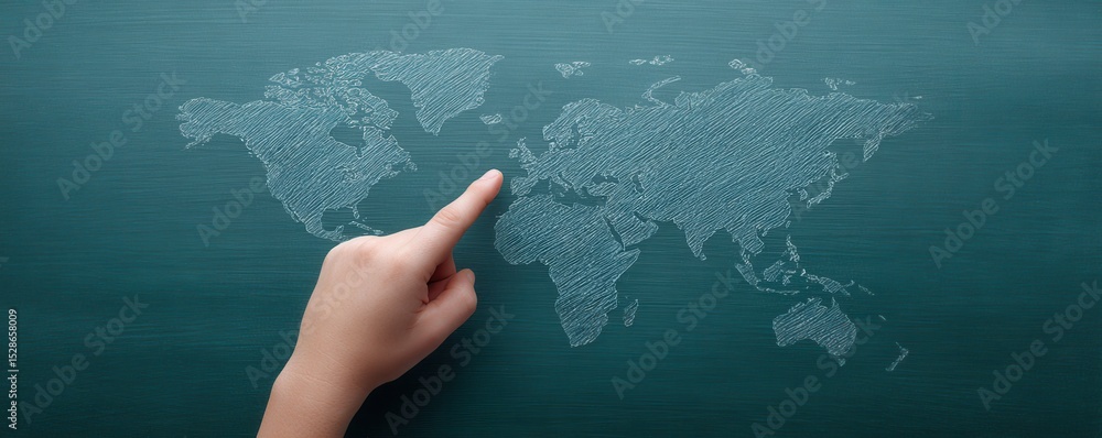 Poster hand pointing at chalkboard world map outline in educational setting with graphite texture and clear