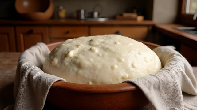Watch a Rustic Bowl of Bread Dough Slowly Rise and Expand in a Time-Lapse 4K Footage of Baking Process