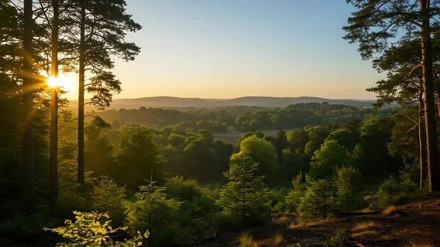 Lush Forest Landscape at Golden Hour with Hillside Trees View and Distant Horizon Under Clear Sky