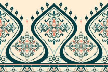Elegant Boho border pattern in Teal Green, Coral Peach, and Cream. Perfect for textile, fashion prints, home decor, and ornamental design.