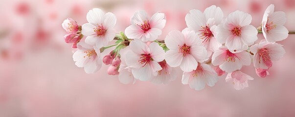 Delicate Pink Cherry Blossom Flowers in Soft Focus Against a Blurred Background of Light Pink and White Hues